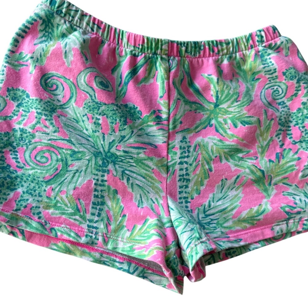 Lilly Pulitzer girls' pull-on shorts tropical palm tree print pink green L 8/10